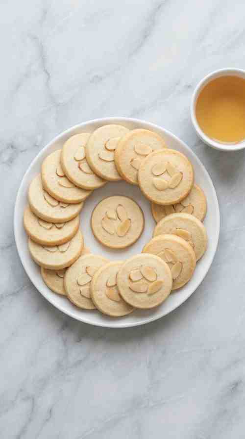 almond-shortbread-cookies-overhead-shot-2-cookies-fanned-on-white-plate-with-tea