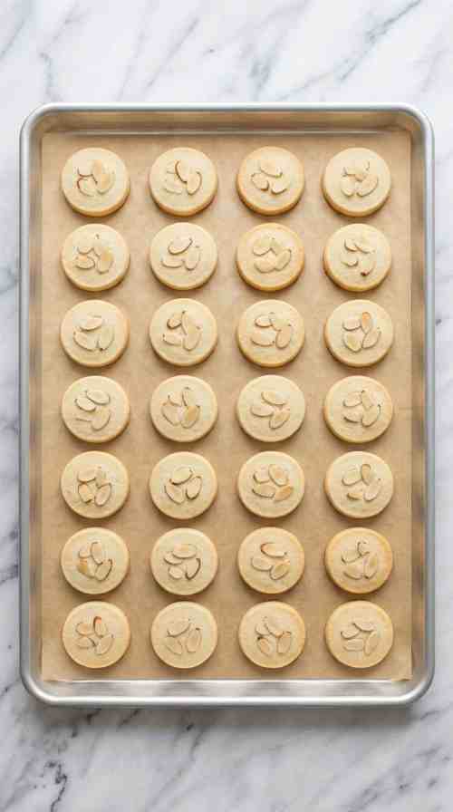 almond-shortbread-cookies-process-step-6-slicing-topping-and-baking-cookies-on-baking-sheet