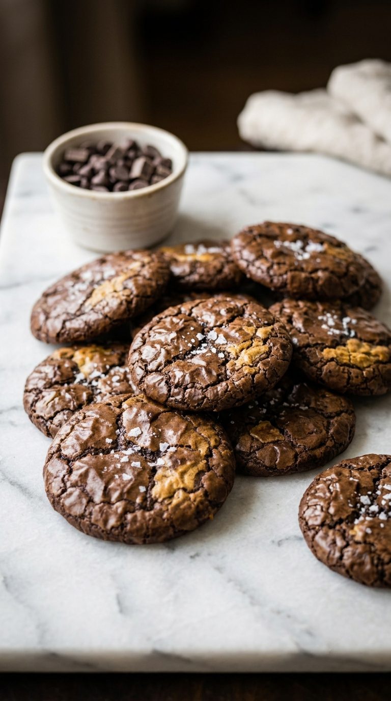 brownie-crinkle-cookies-hero-shot-3-cookie-pile-on-white-marble