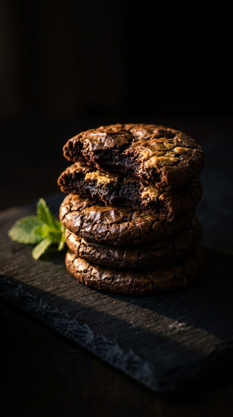 brownie-crinkle-cookies-hero-shot-4-dark-moody-stacked-cookies