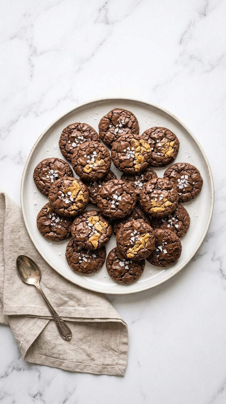 brownie-crinkle-cookies-overhead-shot-1-cookies-on-white-marble-plate