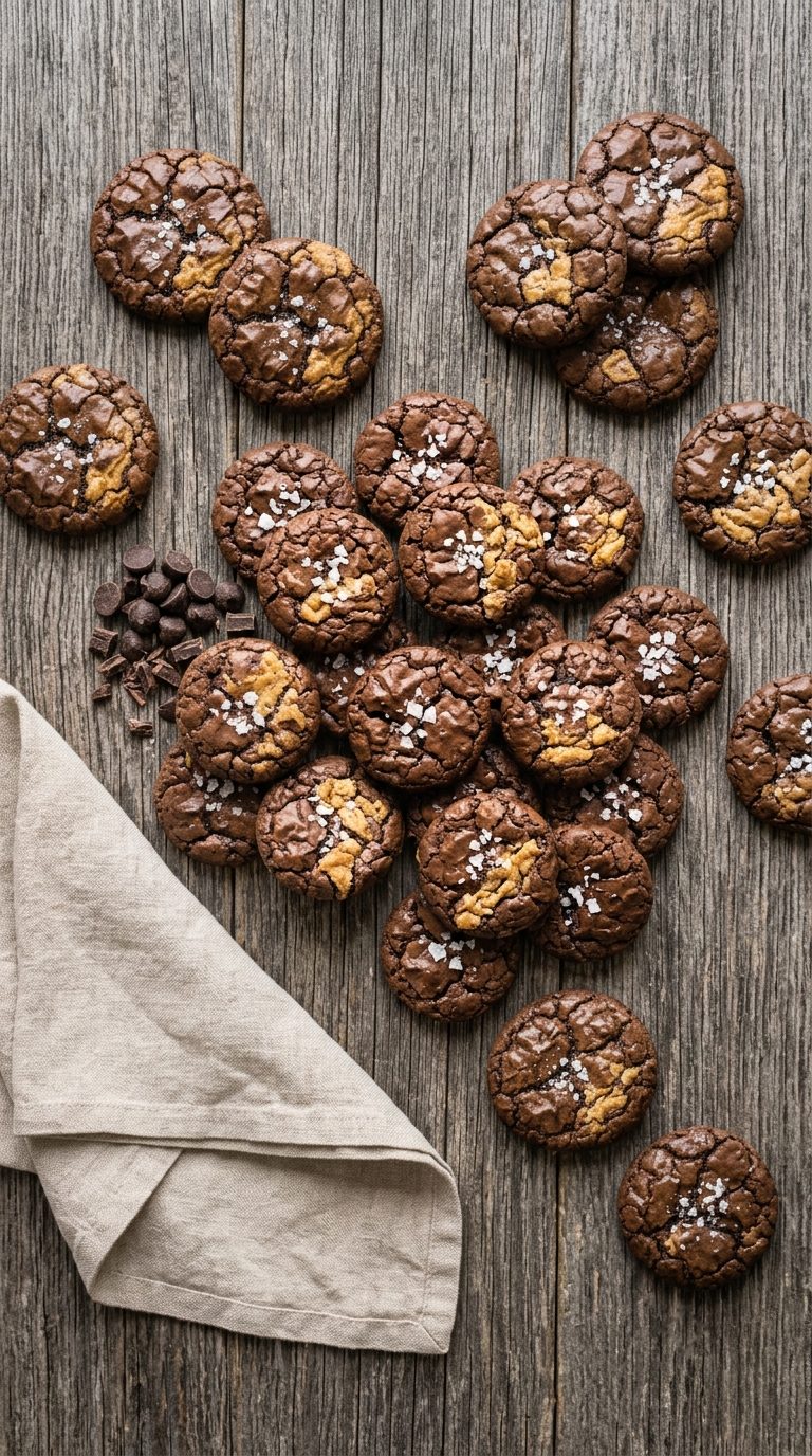 brownie-crinkle-cookies-overhead-shot-2-cookies-scattered-on-wood