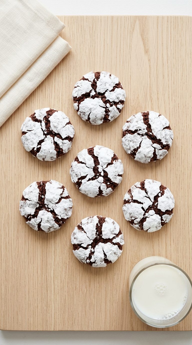 chocolate-crinkle-cookies-overhead-shot-1-wood-napkin-milk