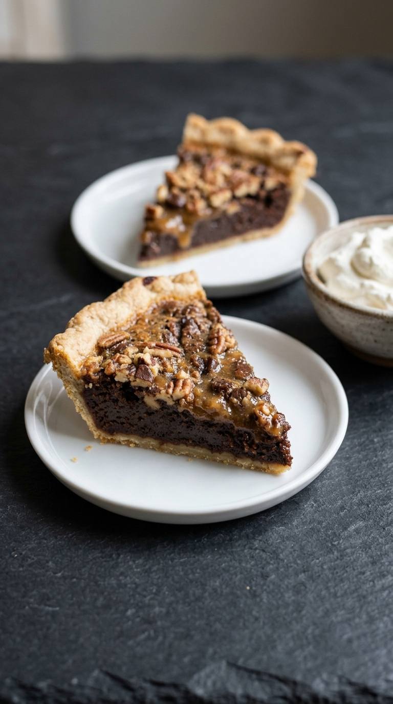 chocolate-pecan-pie-hero-shot-3-slices-on-slate
