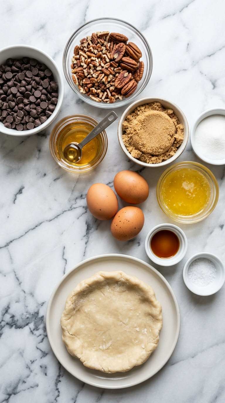 chocolate-pecan-pie-ingredients-shot-on-marble