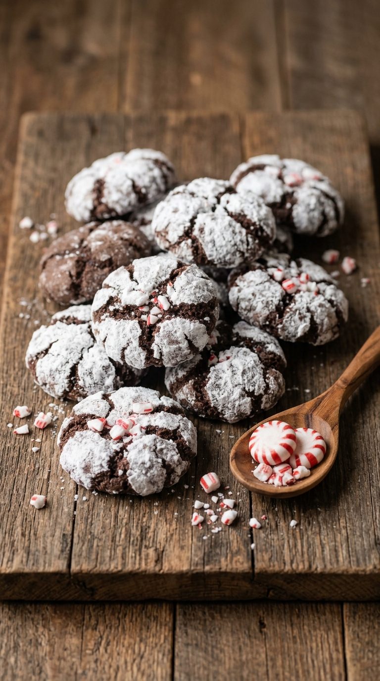 chocolate-peppermint-crinkle-cookies-hero-shot-3-wood-board-wooden-spoon