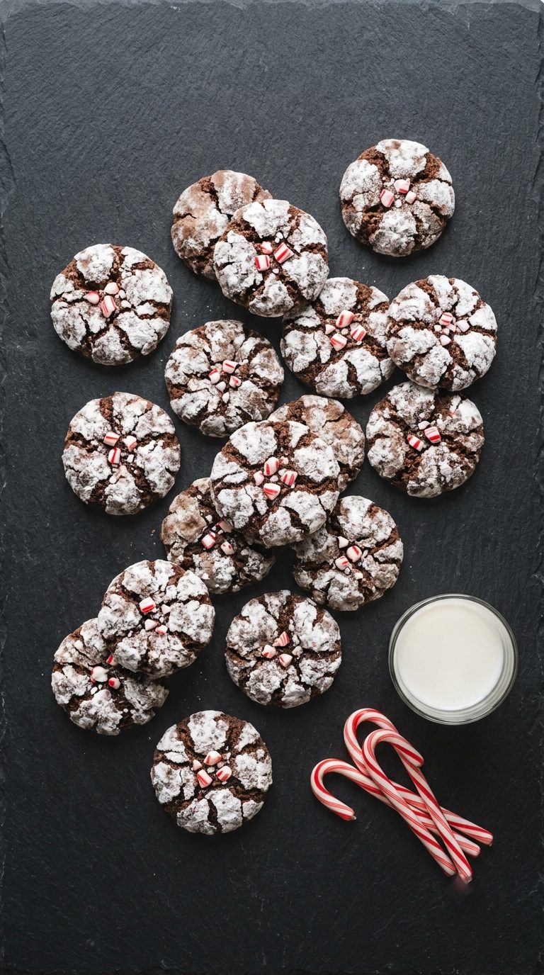 chocolate-peppermint-crinkle-cookies-overhead-shot-1-dark-slate-candy-canes