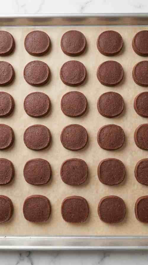 chocolate-shortbread-cookies-sliced-dough-baking-sheet