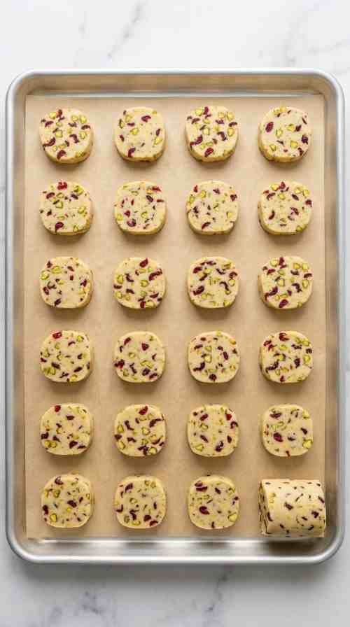cranberry-pistachio-shortbread-cookies-sliced-dough-baking-sheet
