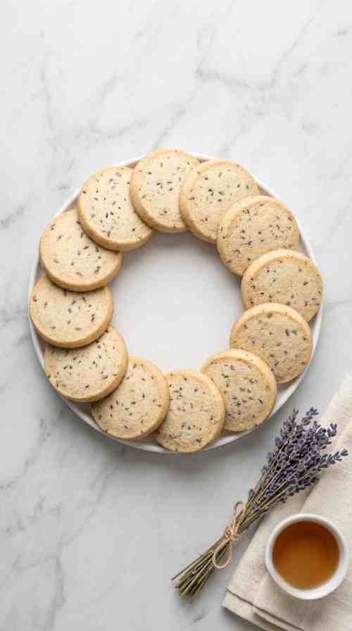 lavender-shortbread-cookies-overhead-shot-2-cookie-ring-on-white-plate-on-marble
