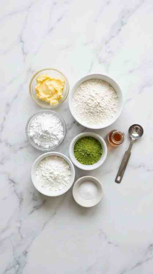 matcha-shortbread-cookies-ingredients-shot-all-ingredients-on-white-marble