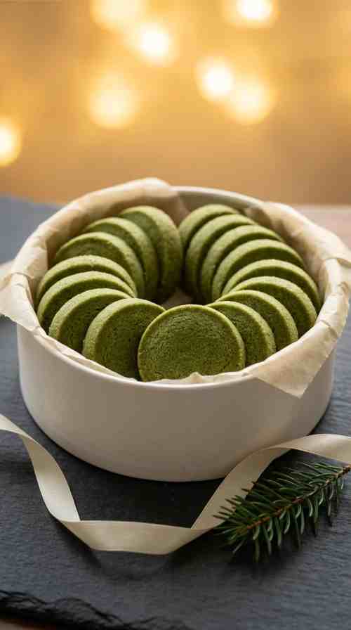 matcha-shortbread-cookies-overhead-shot-2-cookies-in-ring-on-white-plate-on-grey-marble