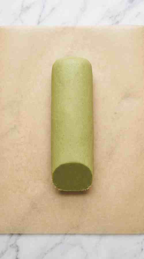 matcha-shortbread-cookies-process-step-5-chilling-dough-log-wrapped-in-parchment
