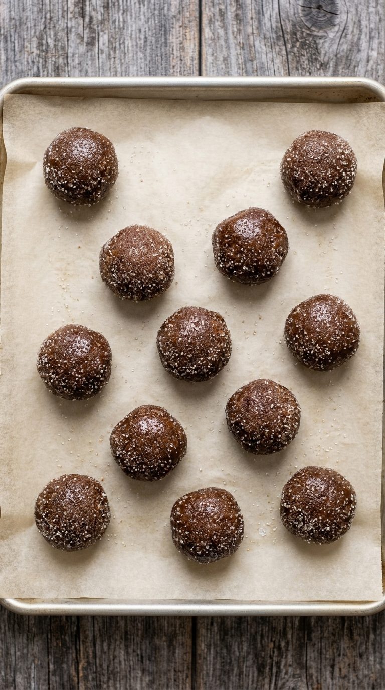 molasses-crinkle-cookies-process-step-5-sugared-dough-balls-on-baking-sheet