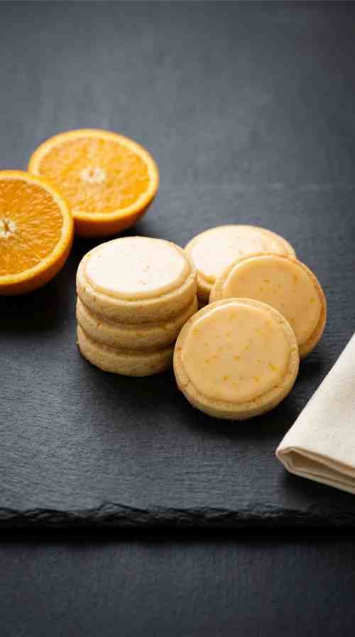 orange-shortbread-cookie-hero-shot-1-stacked-glazed-cookies-on-slate-with-halved-orange