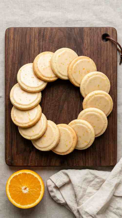 orange-shortbread-cookie-overhead-shot-1-cookie-ring-on-walnut-board-with-halved-orange