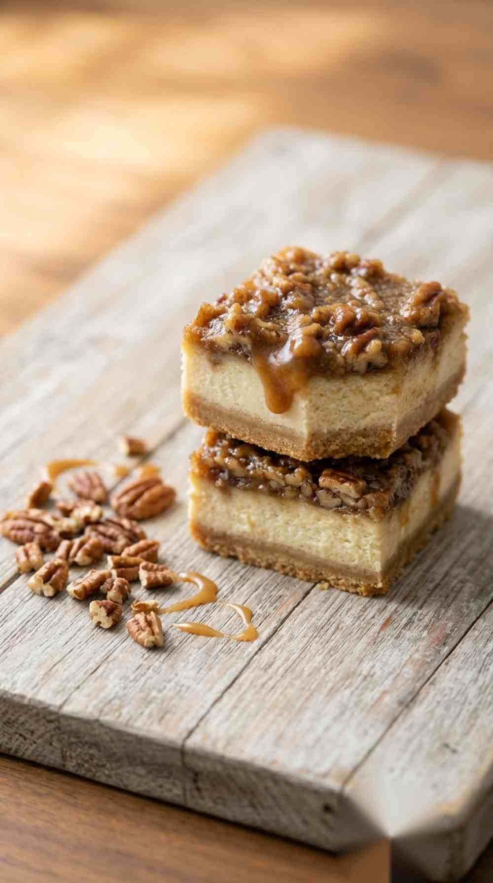 Two pecan pie cheesecake bars stacked on a wood board with loose pecans