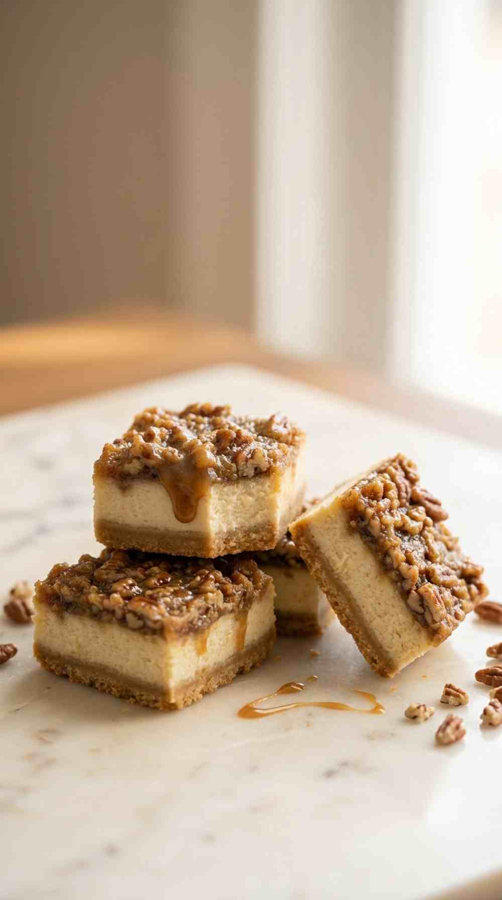 Pecan pie cheesecake bars on marble, one turned to show the layers