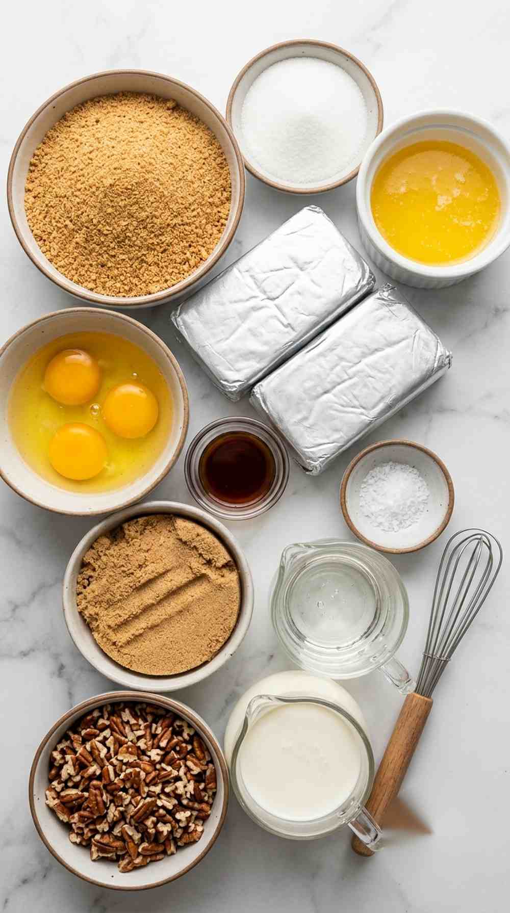 Ingredients for pecan pie cheesecake bars measured into small bowls