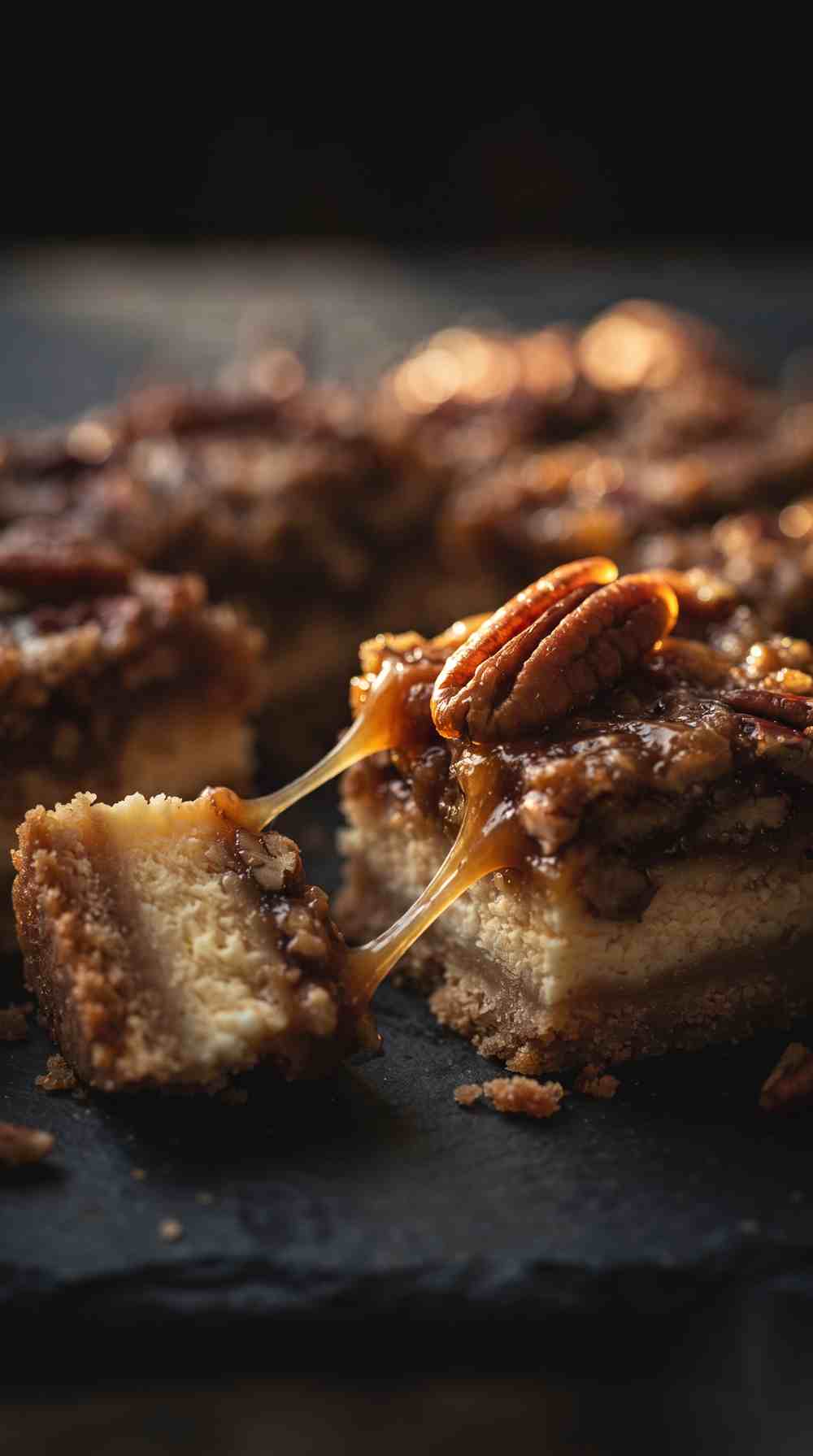 Close-up of a pecan pie cheesecake bar with a caramel strand pulling away