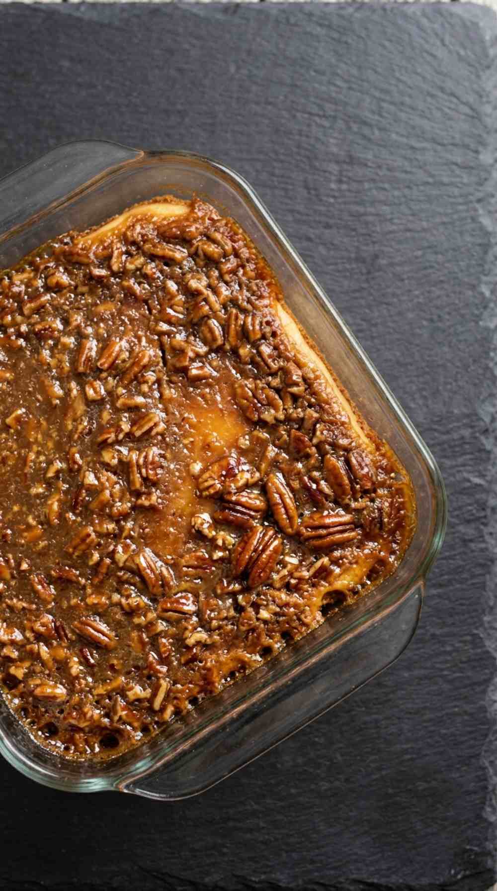 Fully baked pecan pie cheesecake bars cooling in the dish