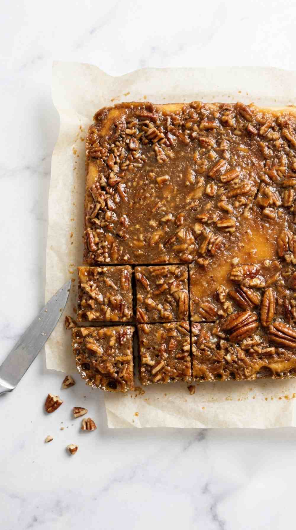 Sliced pecan pie cheesecake bars lifted out on parchment paper