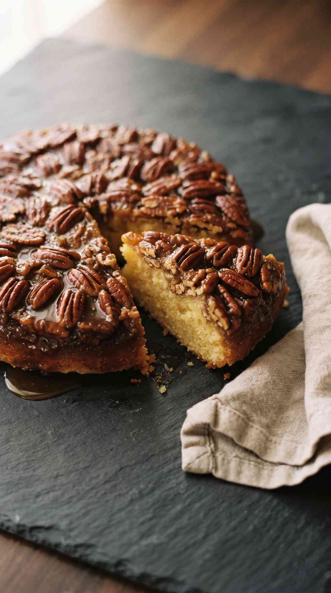 pecan-upside-down-cake-hero-shot-1-sliced-on-slate