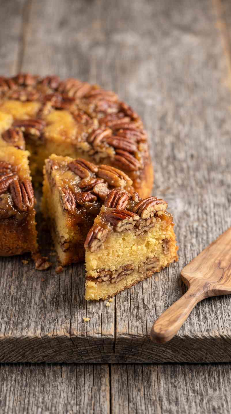 pecan-upside-down-cake-hero-shot-2-sliced-on-wood