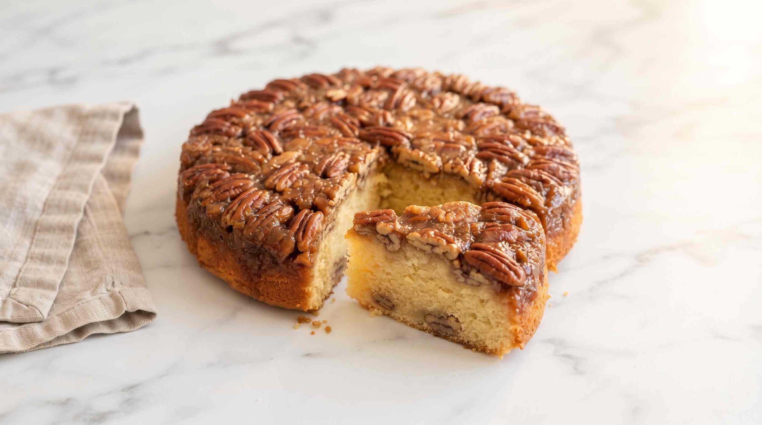 pecan-upside-down-cake-landscape-hero-plated-on-marble