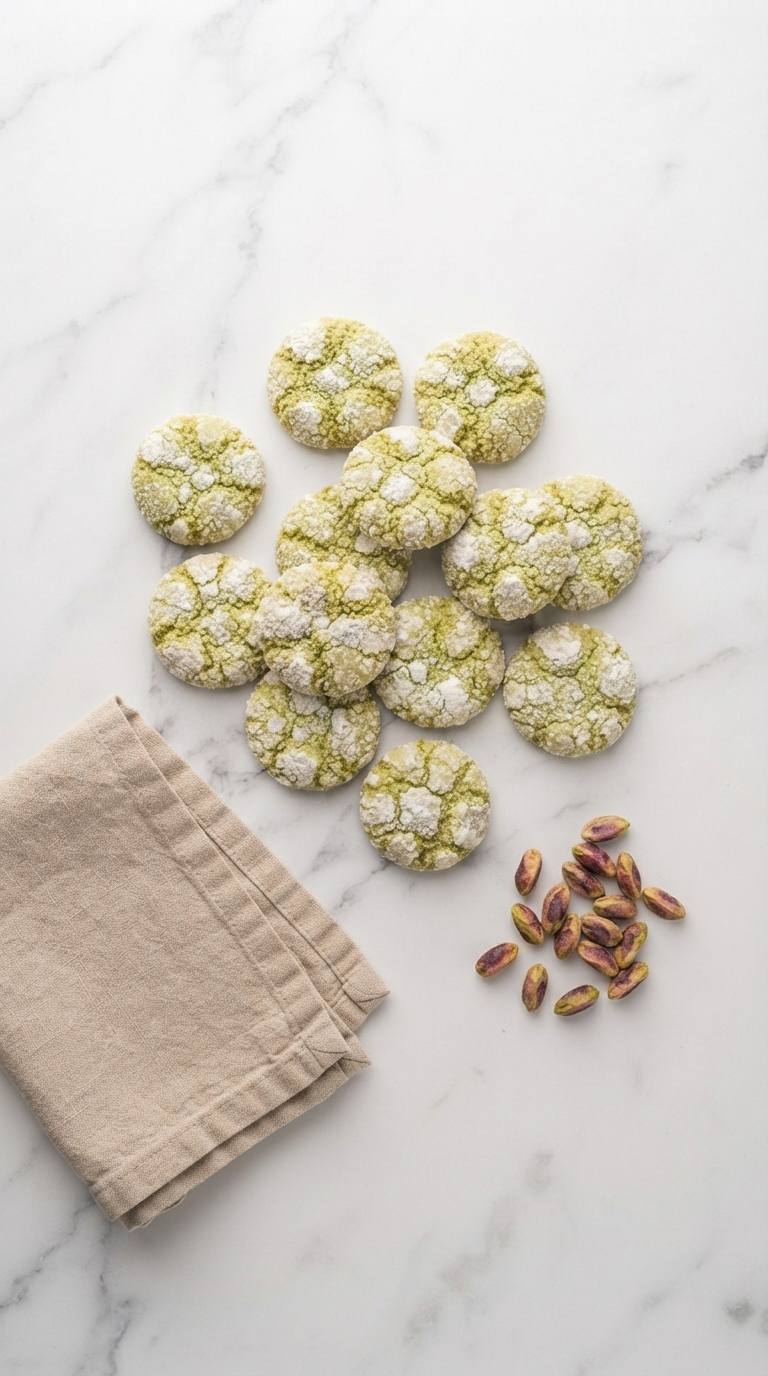 pistachio-crinkle-cookies-overhead-shot-1-white-marble