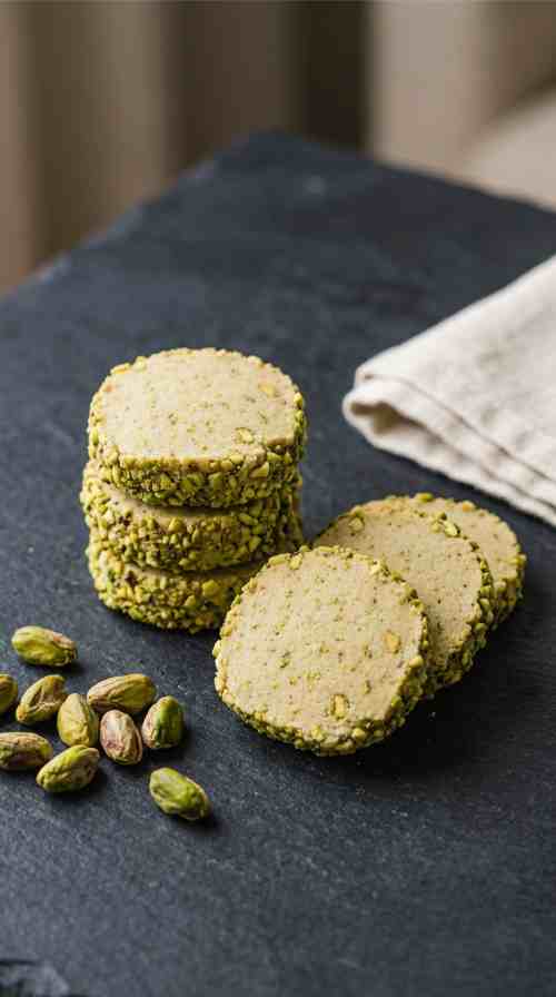 pistachio-shortbread-cookies-hero-shot-1-stacked-cookies-on-dark-slate-with-pistachios