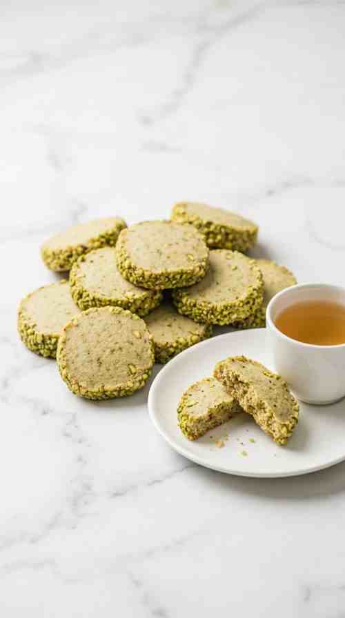 pistachio-shortbread-cookies-hero-shot-3-cookie-pile-with-broken-cookie-and-tea-on-marble