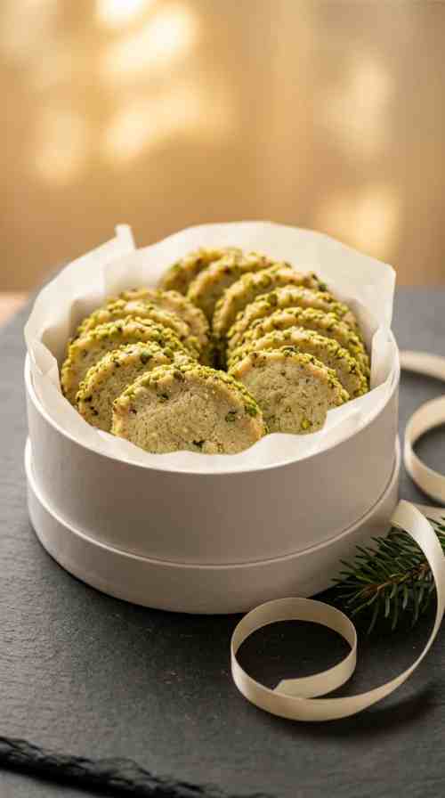 pistachio-shortbread-cookies-holiday-shot-cookie-gift-box-with-ribbon-and-evergreen