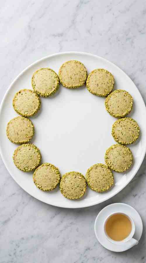 pistachio-shortbread-cookies-overhead-shot-2-ring-of-cookies-on-white-plate-with-tea