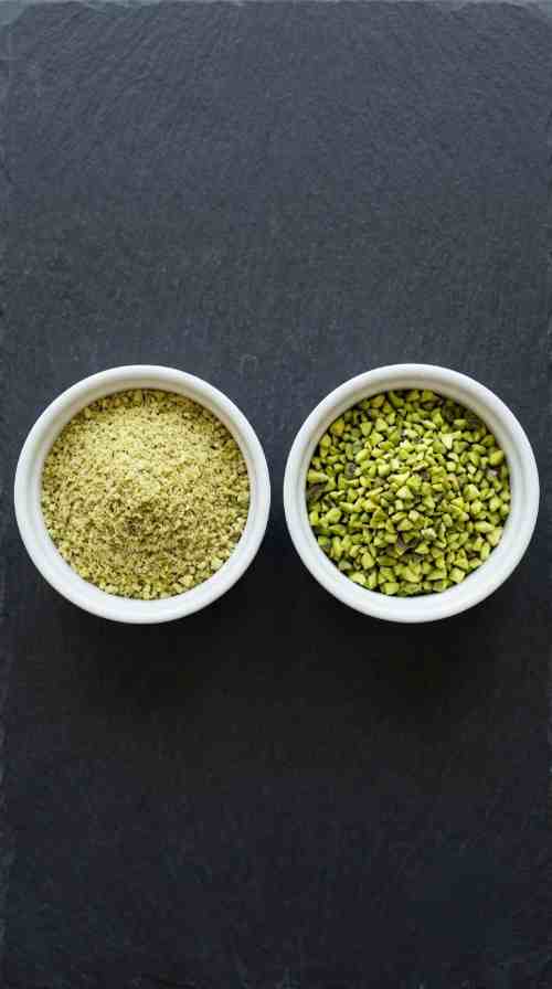 pistachio-shortbread-cookies-process-step-1-ground-and-chopped-pistachios-in-white-bowls-on-slate