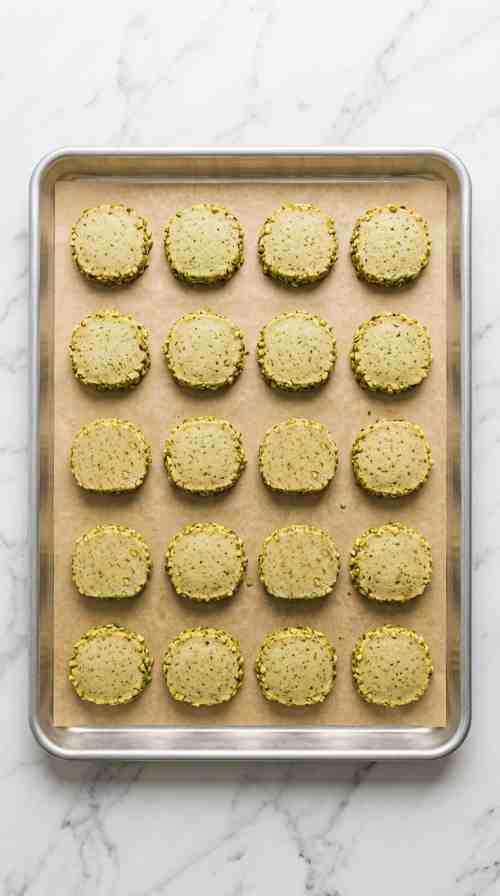 pistachio-shortbread-cookies-process-step-6-sliced-cookies-baked-on-parchment-lined-baking-sheet