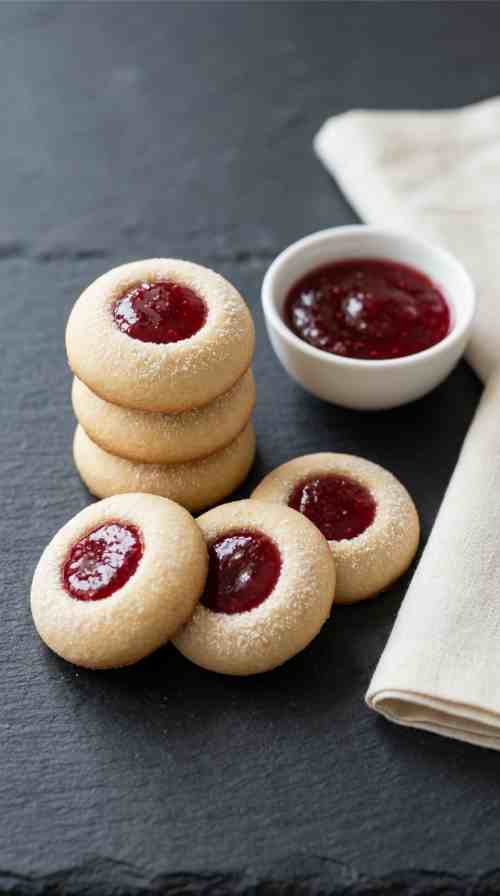 raspberry-shortbread-cookies-hero-shot-1-stacked-cookies-with-jam-bowl-on-slate