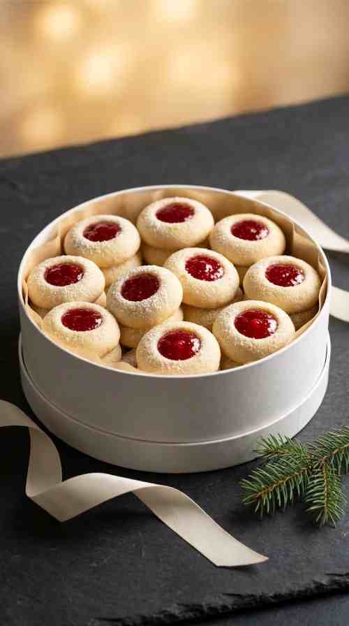 raspberry-shortbread-cookies-holiday-shot-cookie-tin-with-ribbon-and-evergreen-on-slate
