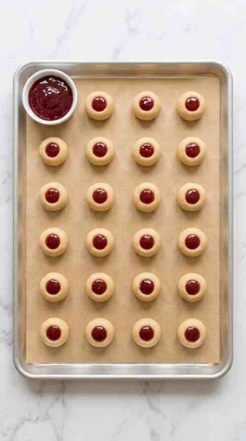 raspberry-shortbread-cookies-process-step-6-jam-filled-thumbprints-on-baking-sheet