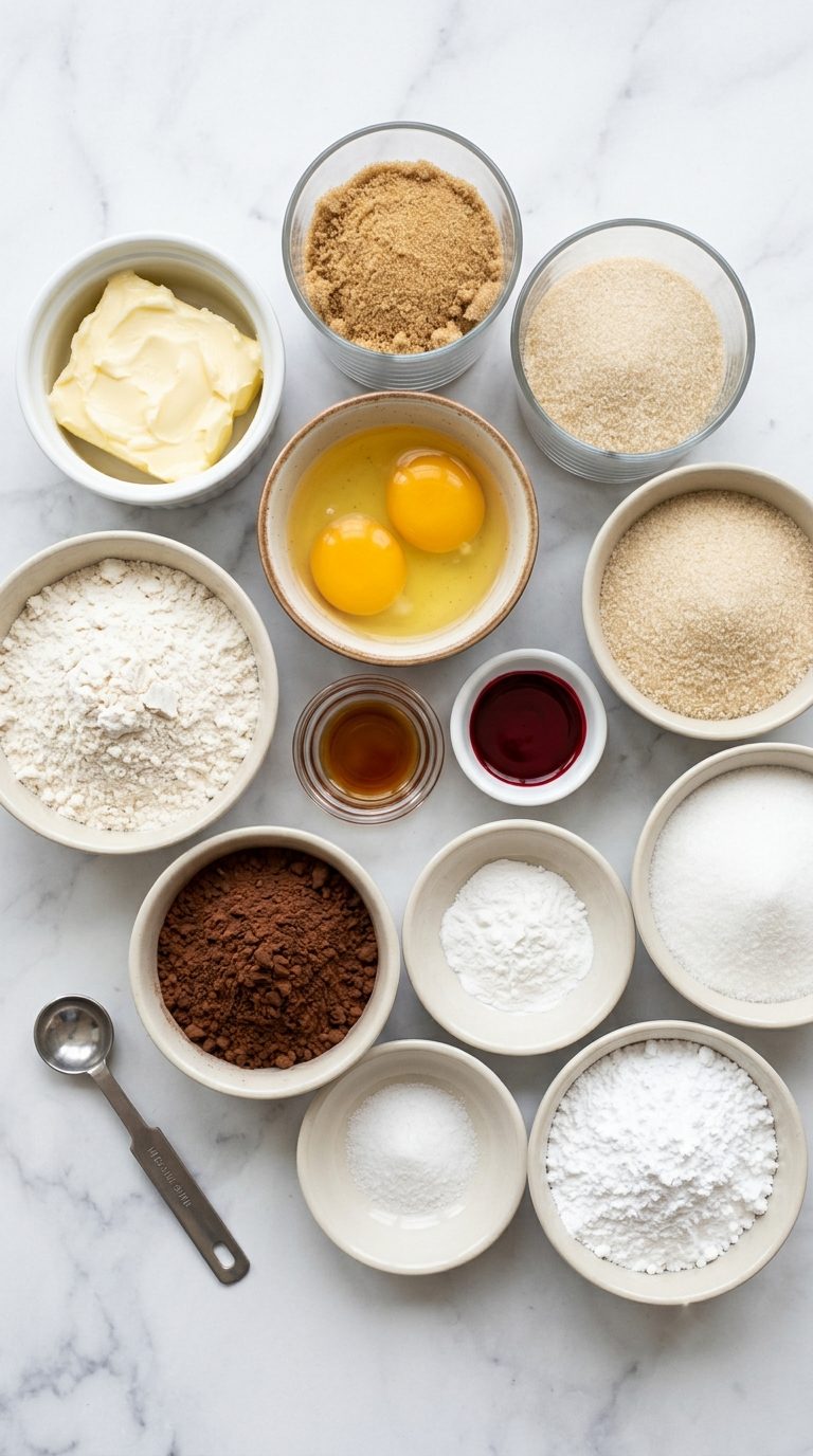 red-velvet-crinkle-cookies-ingredients-shot-overhead-bowls