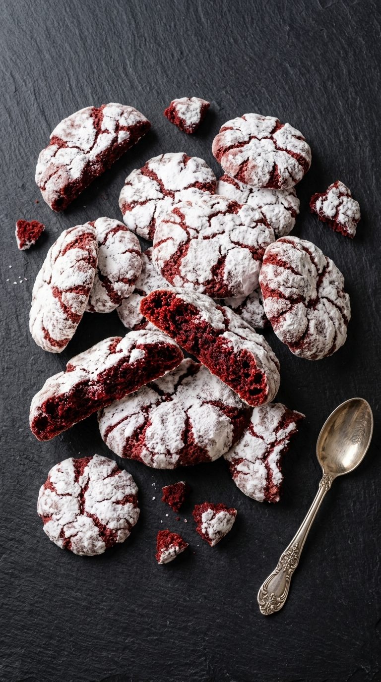 red-velvet-crinkle-cookies-overhead-shot-1-slate-with-spoon