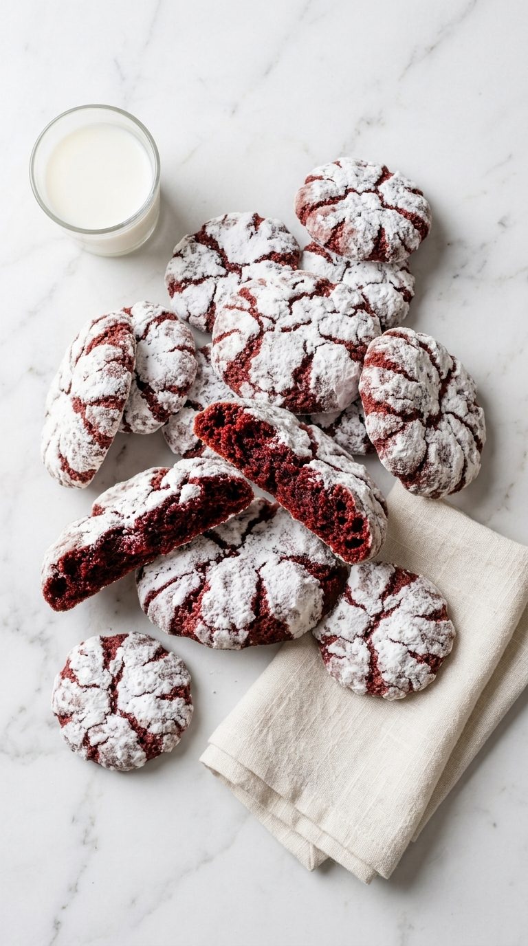 red-velvet-crinkle-cookies-overhead-shot-2-marble-with-napkin-and-milk