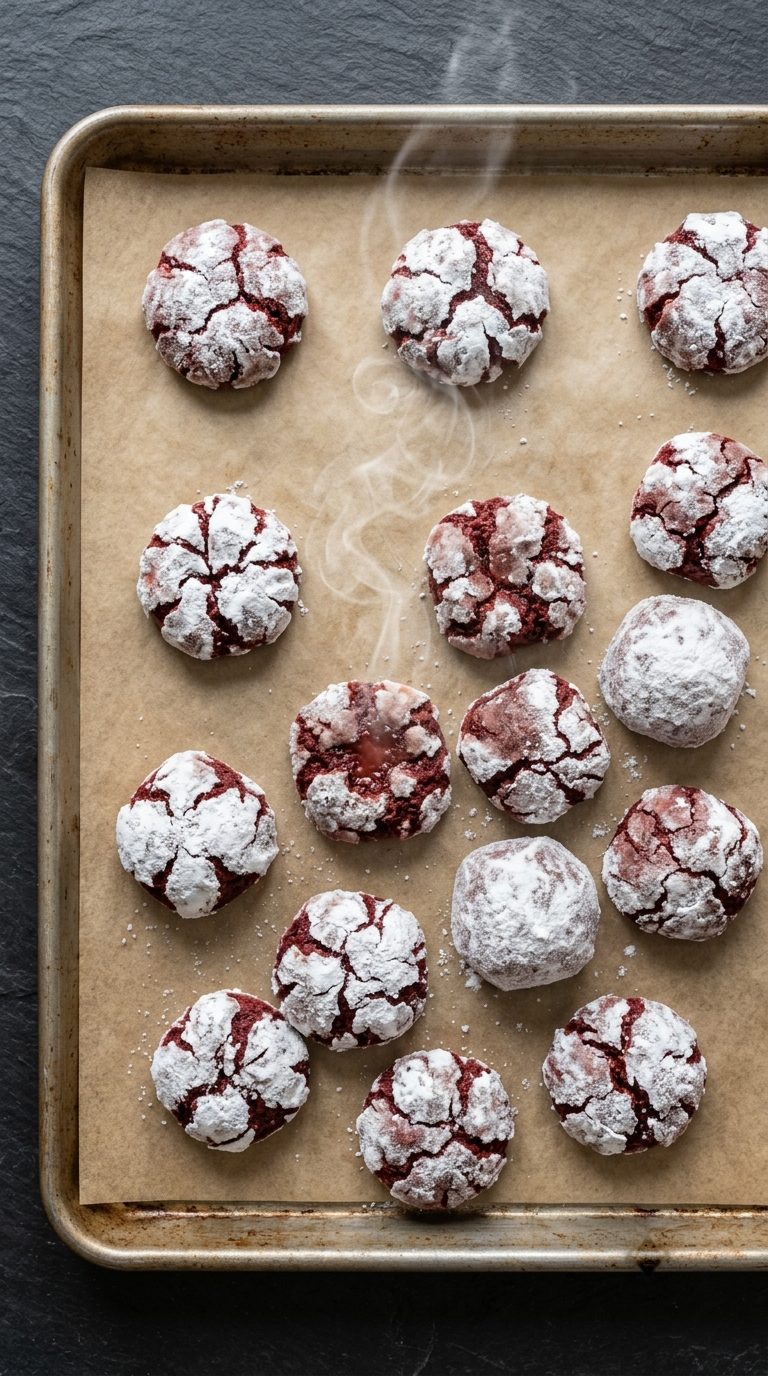red-velvet-crinkle-cookies-process-step-6-fresh-baked-cookies-on-tray