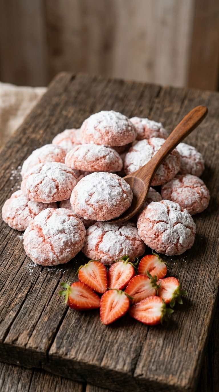 strawberry-crinkle-cookies-hero-shot-2-pile-on-wood-board