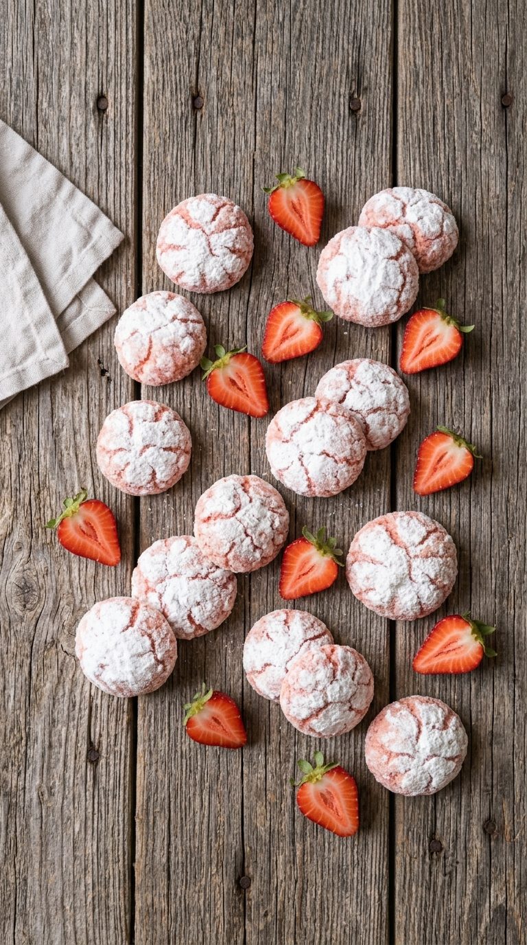 strawberry-crinkle-cookies-overhead-shot-1-flat-lay-on-wood