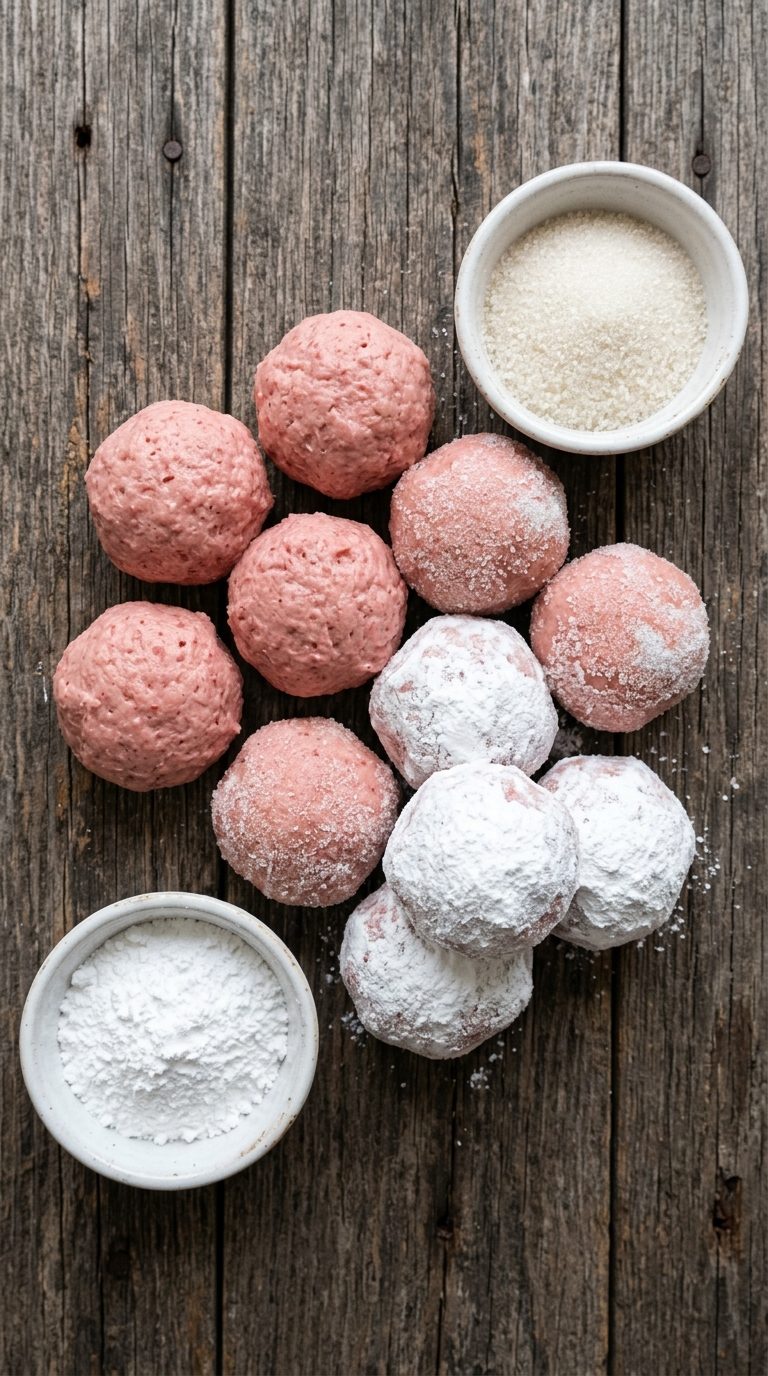 strawberry-crinkle-cookies-process-step-4-dough-balls-on-baking-sheet