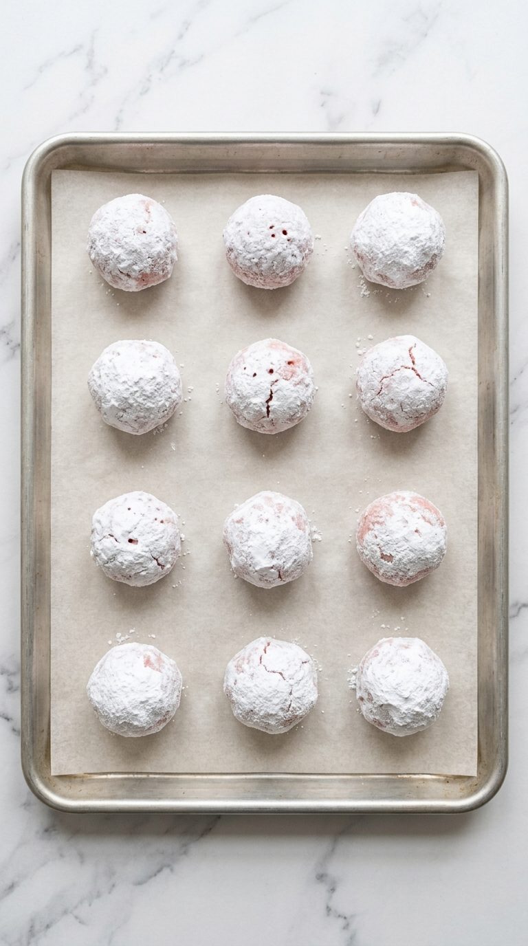 strawberry-crinkle-cookies-process-step-5-baked-cookies-on-tray