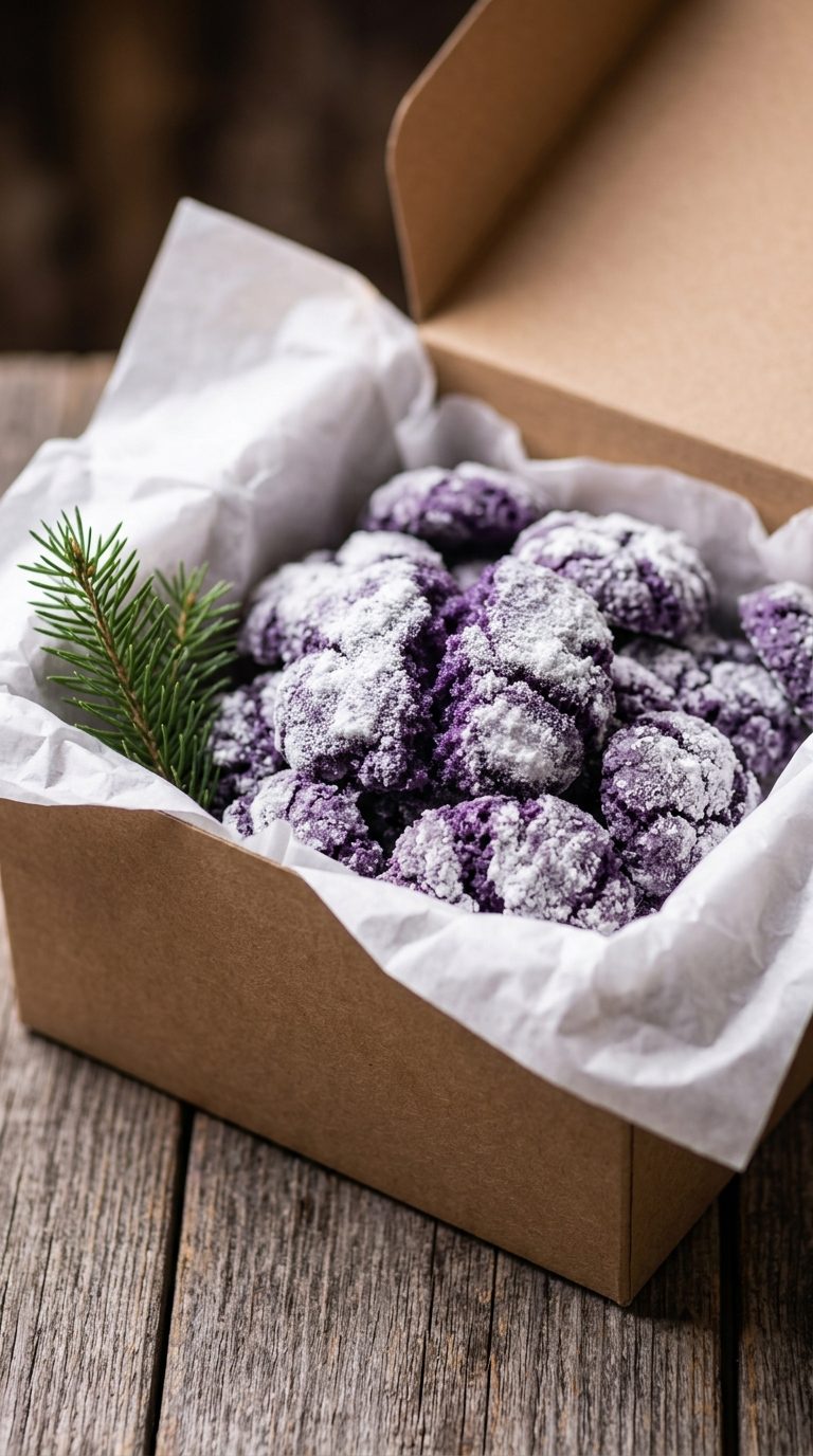 ube-crinkle-cookies-gift-box-cookies-in-kraft-box-with-evergreen