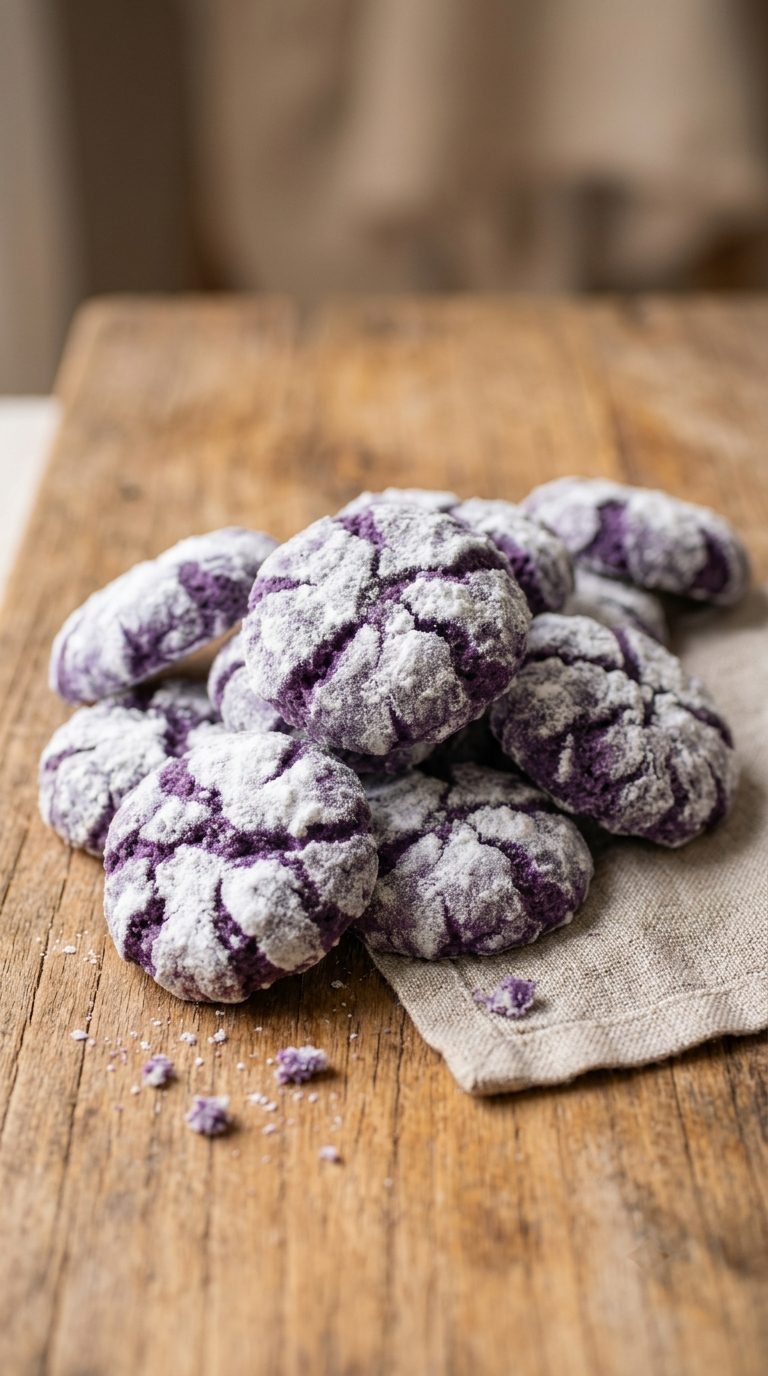 ube-crinkle-cookies-hero-shot-3-cluster-on-wood-board