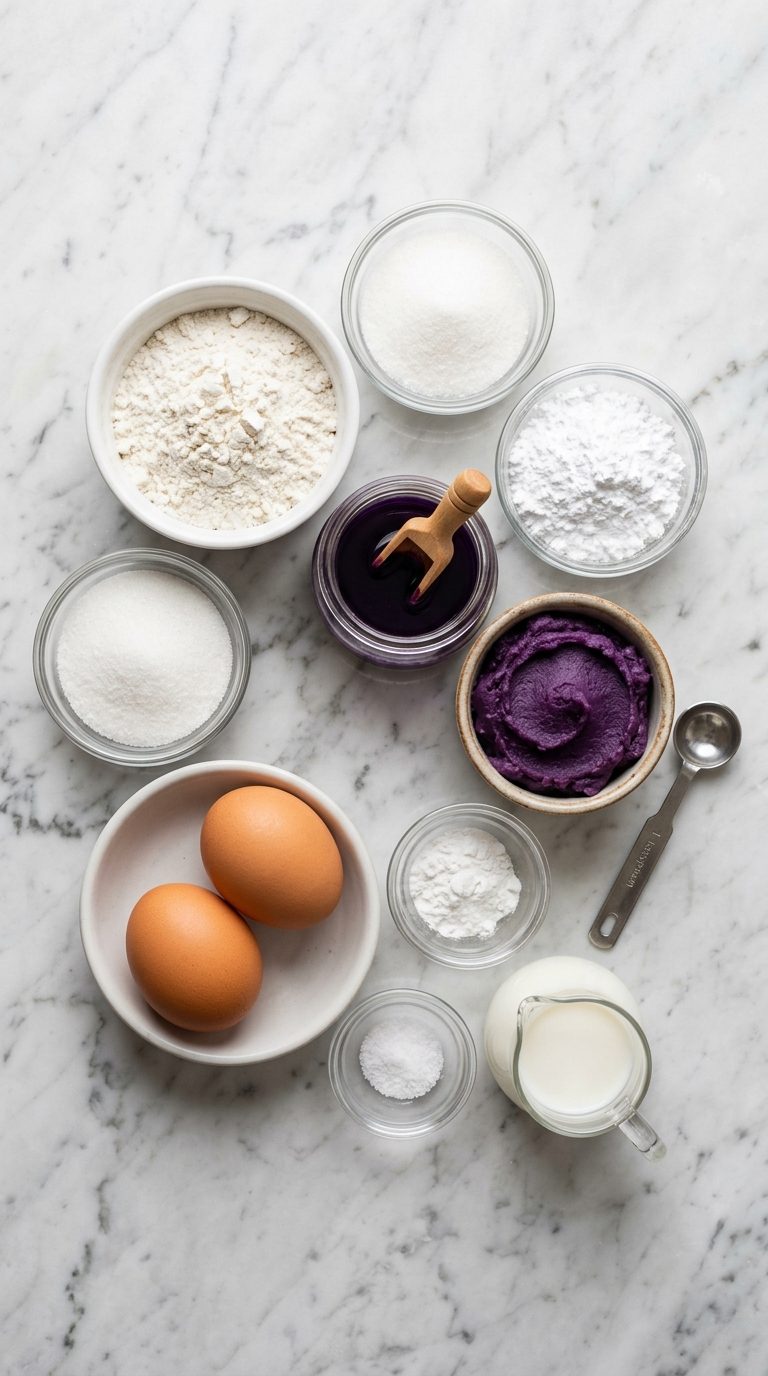 ube-crinkle-cookies-ingredients-shot-raw-ingredients-on-marble